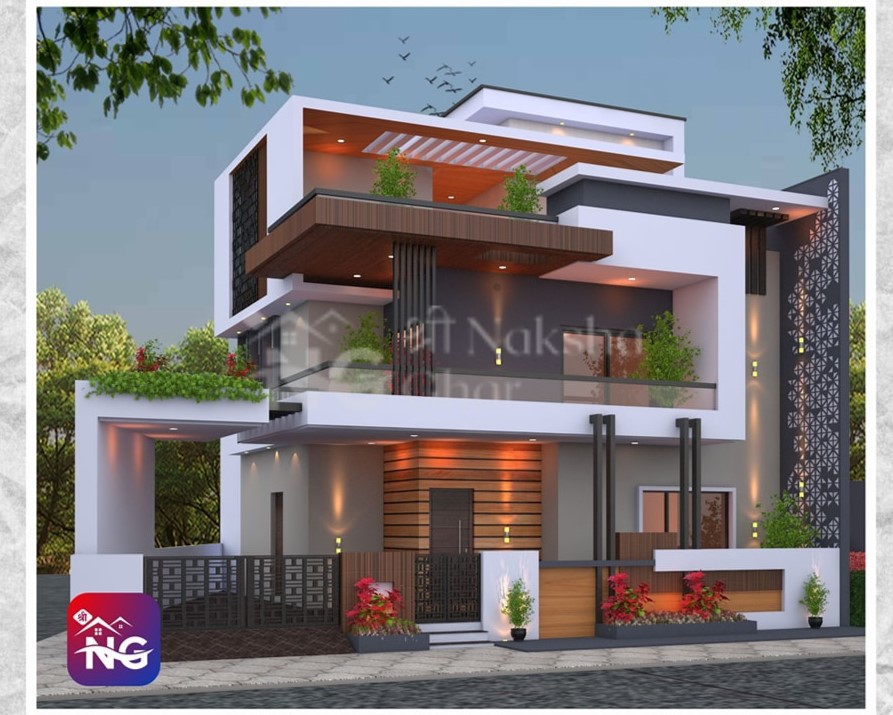  Luxury home design featuring geometric architecture, rich wooden textures, and elegant decorative slatted details