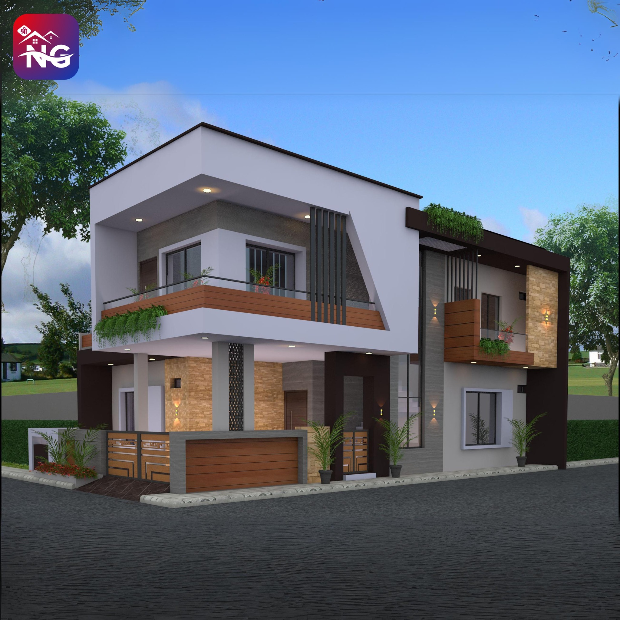 A contemporary double-story home elevation plan featuring a striking angular design, a refined wood-accented facade