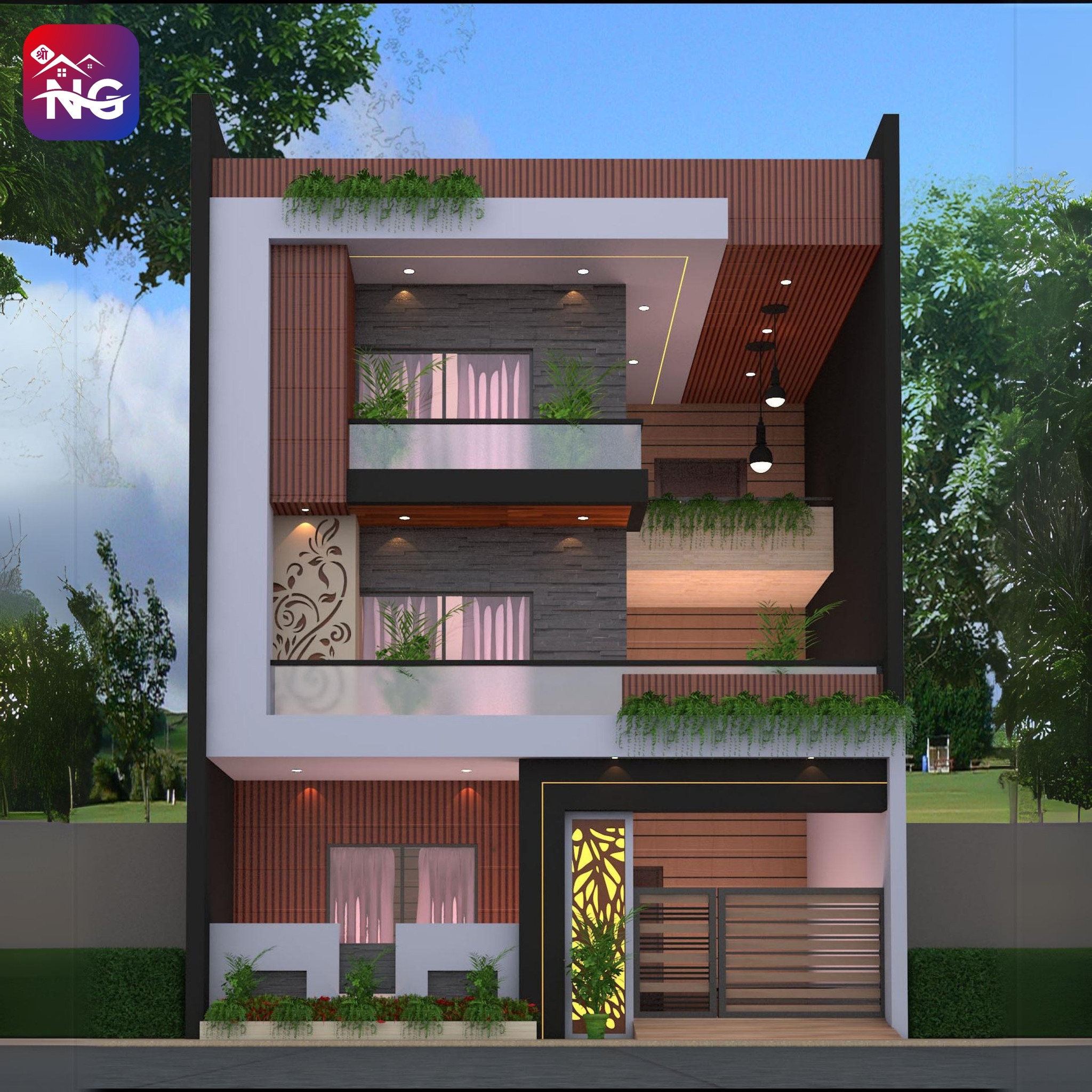 A sleek 3-story modern house design with warm wooden textures, elegant glass railings, ambient lighting,